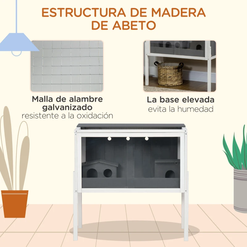 PawHut Jaula para Hámster de Madera con 2 Puertas de Acrílico 2 Casitas para Animales Pequeños 82x45x81 cm Gris Oscuro