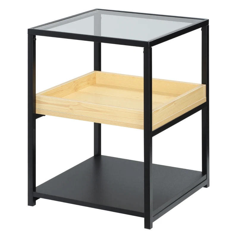 HOMCOM Mesa Auxiliar de 3 Niveles Mesita de Noche Estilo Moderno con Encimera de Cristal Estantes de Madera y de Acero para Dormitorio Salón 40x40x55 cm Negro