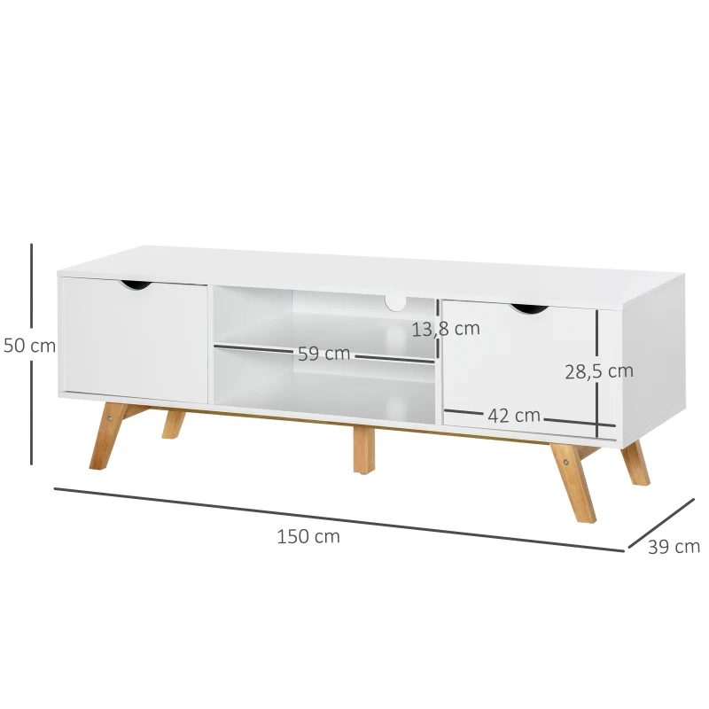 HOMCOM Meuble TV Banc TV sur Pied Moderne Scandinave 2 Portes 2 niches en Bois Blanc 150L x 39l x 50H cm