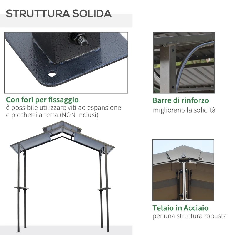 Outsunny Gazebo da Giardino per Barbecue, Doppio Tetto Anti-UV e Struttura in Acciaio con Mensole, 240x150x250cm, Nero