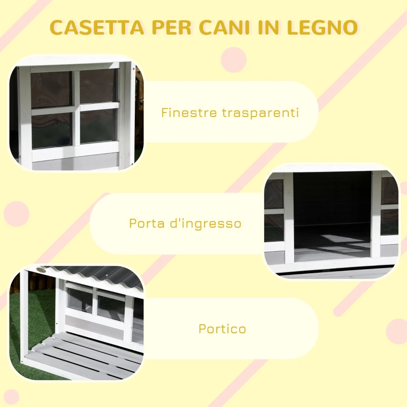 PawHut Cuccia per Cani da Esterno in Legno e PVC con Portico e Finestre, 126x118x105cm, Grigio