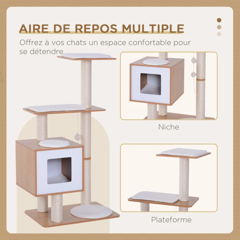 PawHut Arbre à chats design contemporain griffoirs grattoirs sisal naturel centre d'activités niche plate-formes jeu boules suspendues 71,5L x 49,5l x 120H cm MDF hêtre clair