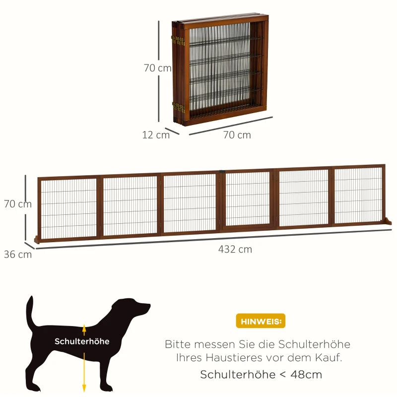 PawHut Absperrgitter für Hunde, klappbar, Kiefernholz, 432 x 36 x 70 cm, Kaffee(m-3)