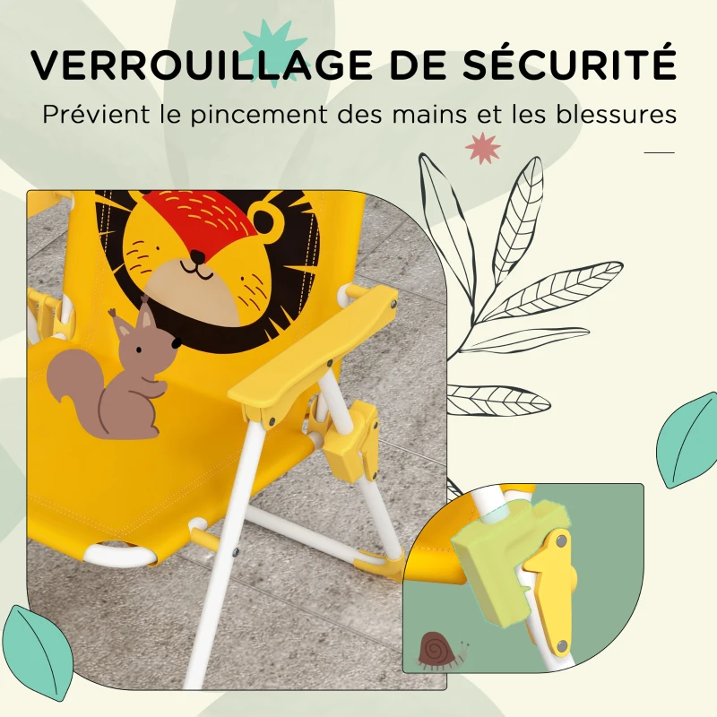 Outsunny Ensemble salon de jardin enfant 4 pièces motif du lion avec parasol réglable Ø 100 cm chaise pliable jaune