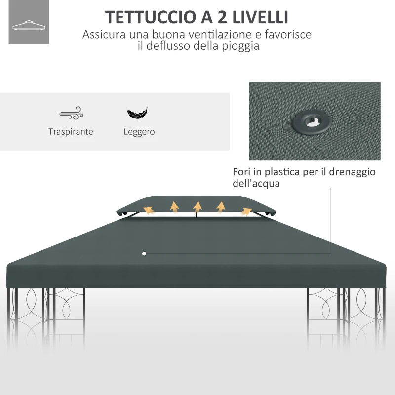 Outsunny Copertura per Gazebo 4x3 m a 2 Livelli in Poliestere con Cinghie e 10 Fori di Drenaggio, Grigio Antracite