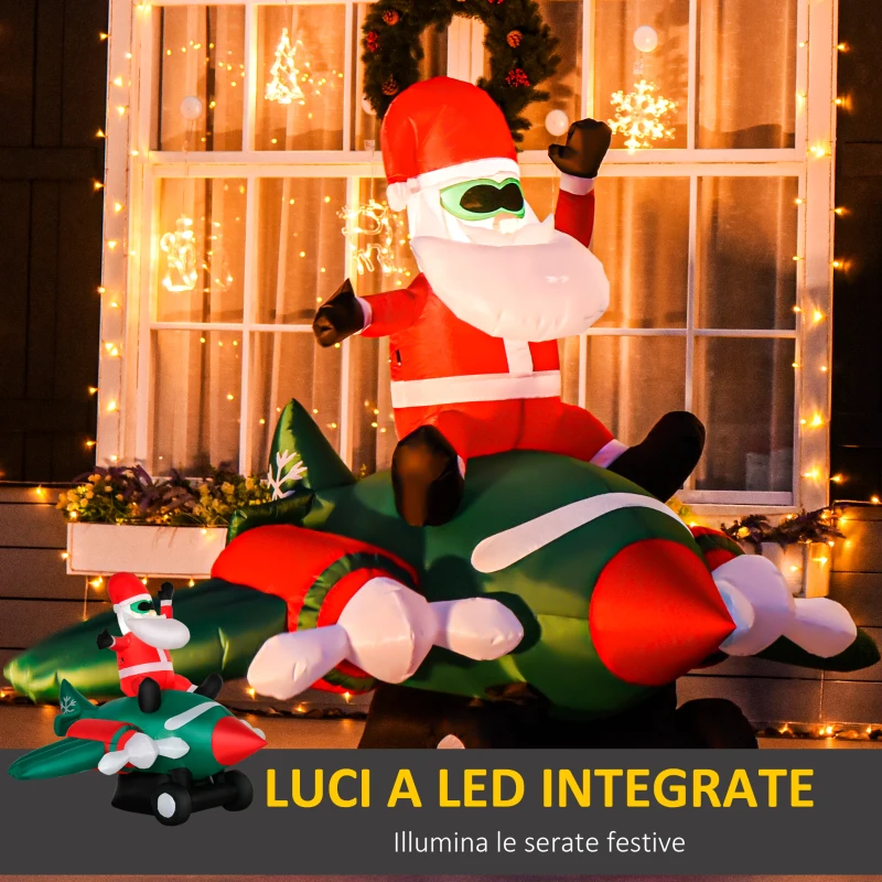 HOMCOM Babbo Natale Gonfiabile su Aereo 160cm con Luci LED Integrate, Decorazione Natalizia da Esterno