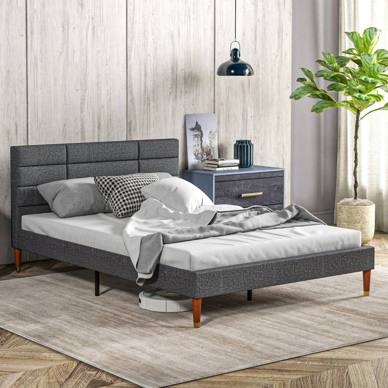 HOMCOM Estructura de Cama 140x200 cm con Cabecera Tapizada de Lino y Espacio de Almacenamiento Carga 250 kg Gris