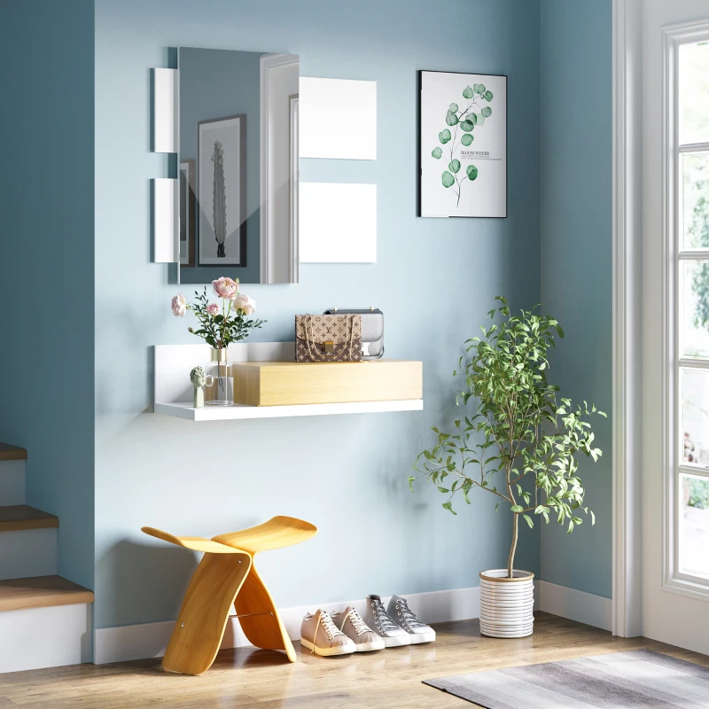 HOMCOM Set Mobili da Ingresso con Specchio 40x70cm e Cassetto in Legno con Fissaggio a Muro