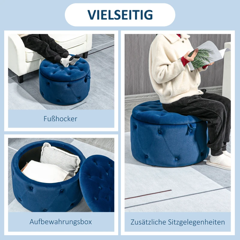 HOMCOM Hocker, rund, mit Staufach, Steppdesign mit Knöpfen, Bezug in Samtoptik, blau, 60 x 60 x 40cm