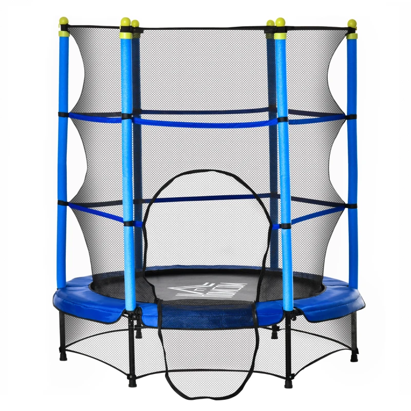 HOMCOM Trampoline Enfant Ø 1,40 × 1,60H m Filet de sécurité Porte zipée Couvre-Ressorts 6 poteaux rembourrés Inclus Bleu