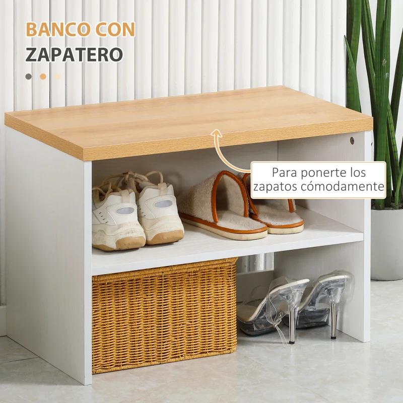 HOMCOM Mueble de Entrada Recibidor Incluye Perchero con Estante y Ganchos Banco Zapatero 60x28x120 cm y 60x35x45 cm Natural
