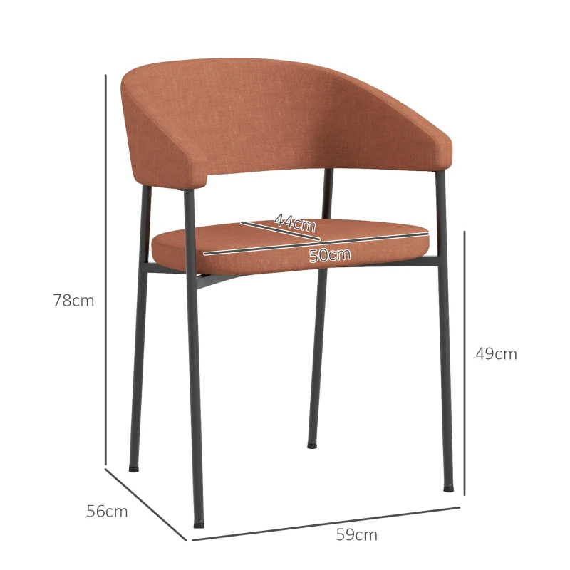 HOMCOM Set 2 Sedie da Pranzo Imbottite e Monoblocco, in Tessuto Effetto Lino e Acciaio, 59x56x78 cm, Arancione