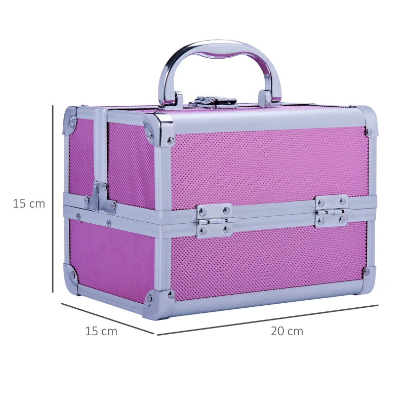 HOMCOM Maletín Maquillaje Profesional Estuche de Cosmético Portátil con Bandejas de 3 Niveles y Espejo 2 Llaves para Joyero Manicura Viaje 20x15x15 cm Rosa