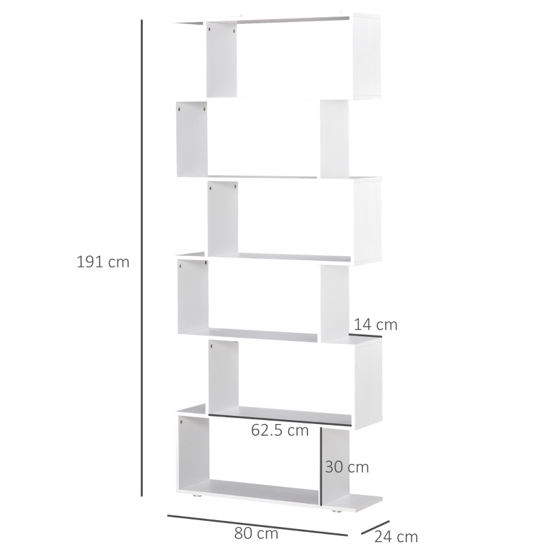 HOMCOM S Shape Wooden 6-tier Bookshelf Open Concept Bookcase Storage Display Unit for Home Office Living Room, White