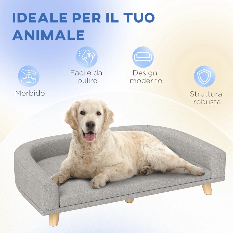 PawHut Divano per Cani di Taglia Grande con Cuscino Sfoderabile, in Poliestere e Legno, 98x67x25 cm, Grigio