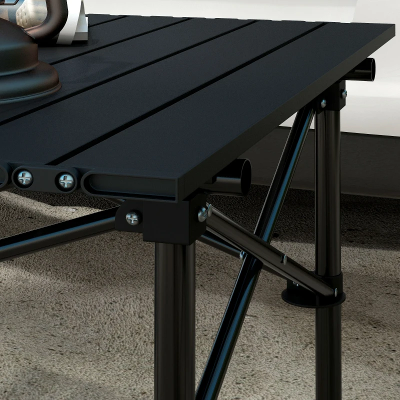 Outsunny Mesa de Camping Plegable y Portátil con Parte Superior Enrollable y Estructura Metálica Carga 30 kg 52x52x52 cm Negro