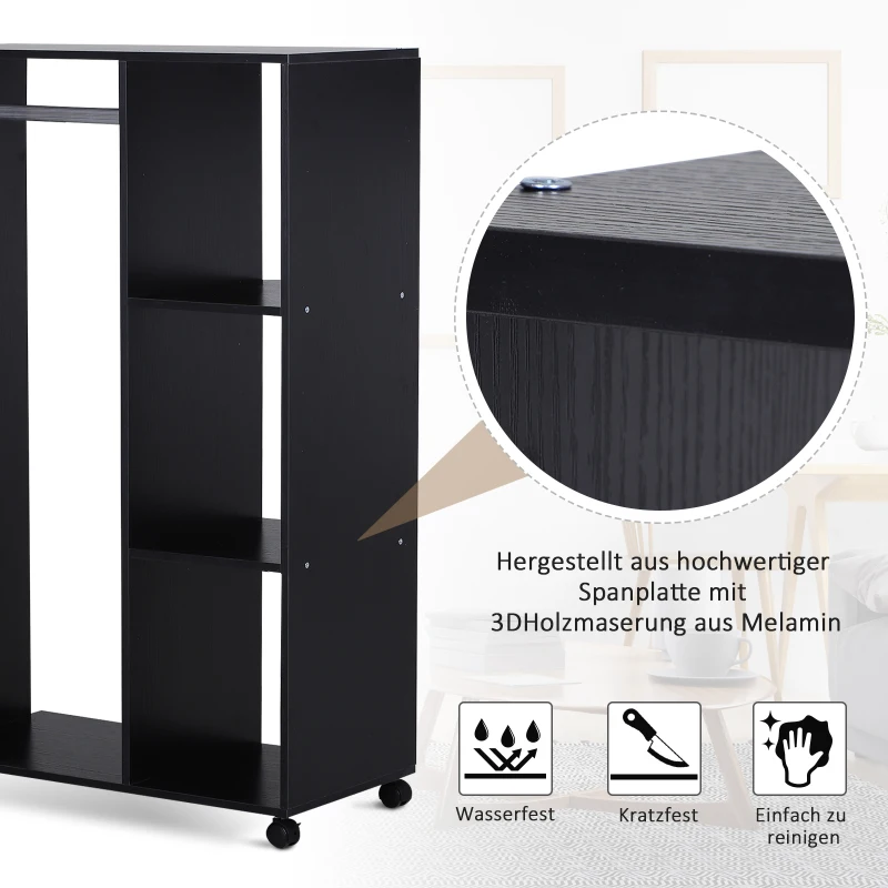 HOMCOM Kleiderschrank auf Rollen, mobile Garderobe, Garderobenschrank, Rollbarer Kleiderständer, 80 x 40 x 128 cm, Schwarz