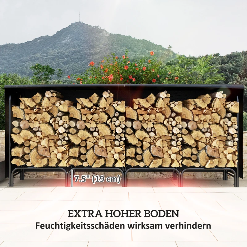 Outsunny Feuerholzgestell, 0,67 m³, mit Tragetasche & Abdeckung, Metallrahmen, bis 200 kg, 240 x 36 x 99 cm, Schwarz