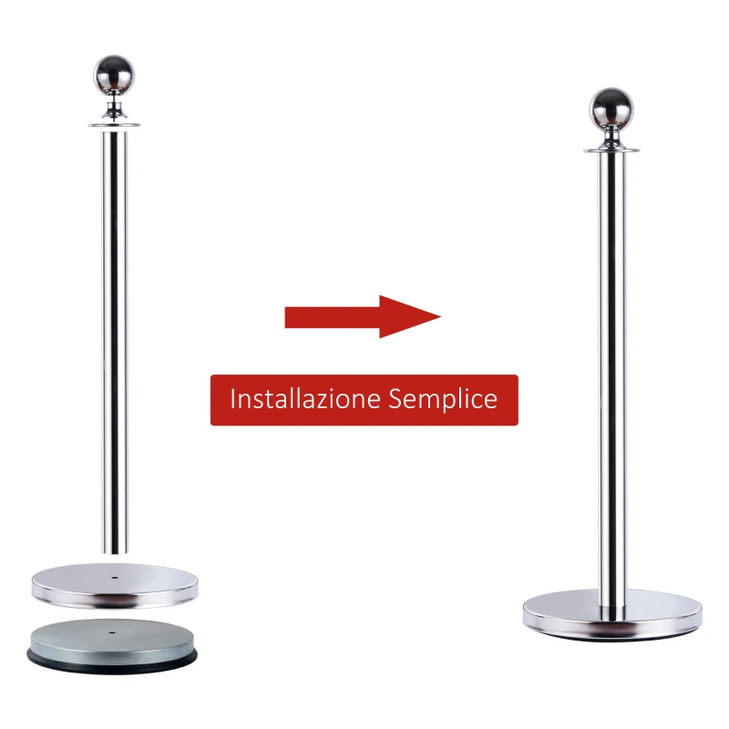Outsunny Transenne Elimina Separacode Paletti di Delimitazione con Corde Rosso Acciaio Inox Ф32 x 95CM Argento