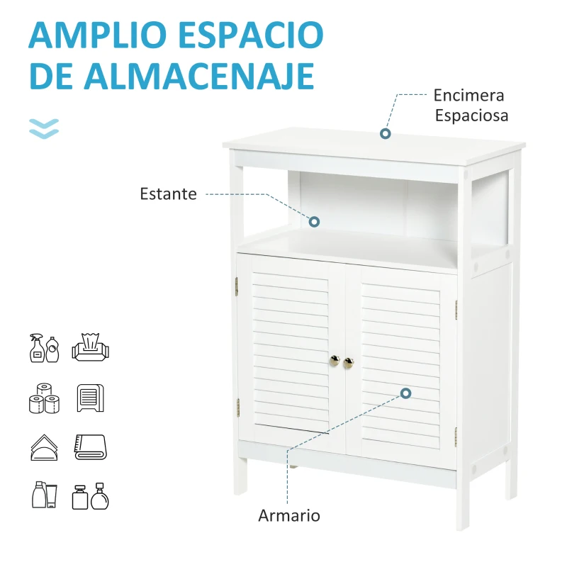 kleankin Mueble Auxiliar de Baño Armario para Baño con 2 Puertas de Persianas Estante Abierto Gran Espacio de Almacenamiento Diseño Moderno 60x30x81,6 cm Blanco