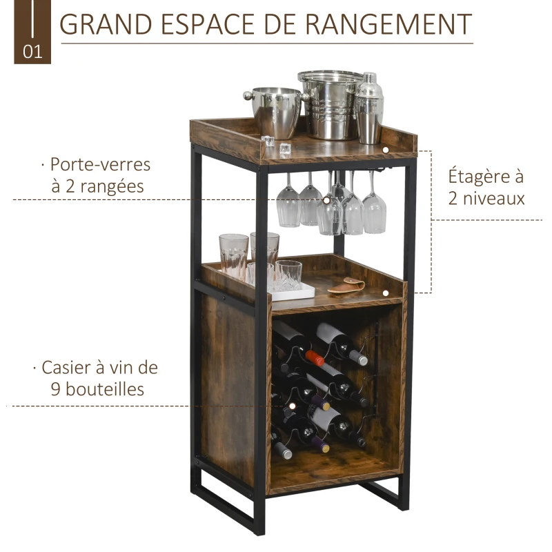 HOMCOM Casier à vin design industriel étagère à bouteilles 9 bouteilles support verres à vin intégré métal noir aspect vieux bois veinage