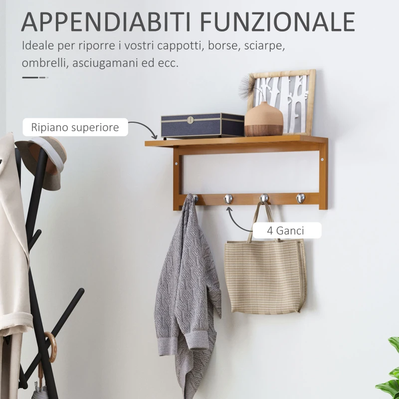HOMCOM Appendiabiti con Mensola Attaccapanni a Parete con Ripiano Bambù 50 × 16 × 17.5cm