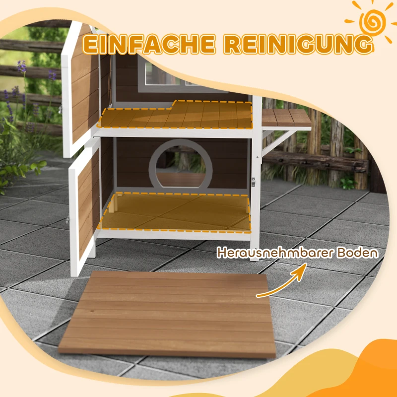 PawHut Outdoor-Katzenhaus mit wetterfestem Dach, Fenster, Balkon, herausnehmbarem Boden, 2 Ebenen, für 1-2 Katzen, Braun(m-6)
