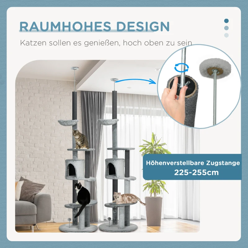 PawHut Kratzbaum mit Deckenspanner, Hängematte, Haus, Plattformen, Spielball, 225-255cm, Grau