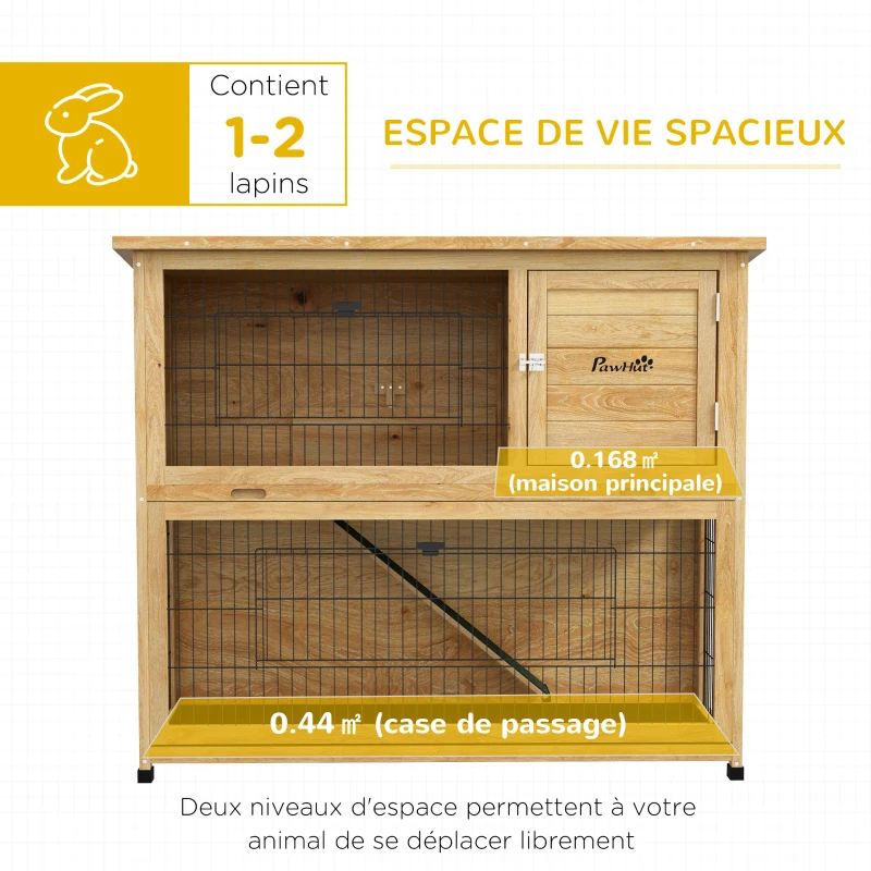 PawHut Clapier à lapin en bois 2 étages avec 3 portes plateau coulissant rampe toit bitumé 120 x 50 x 102 cm jaune