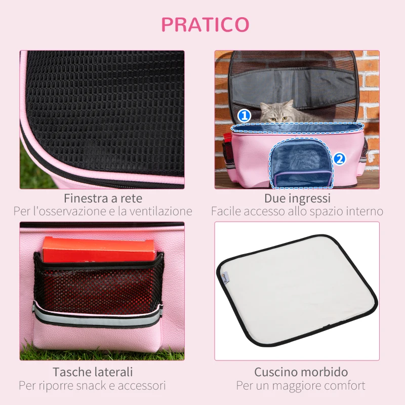 PawHut Borsa Trasportino per Cani e Gatti con 2 Porte a Cerniera, 50x35x36cm, Rosa