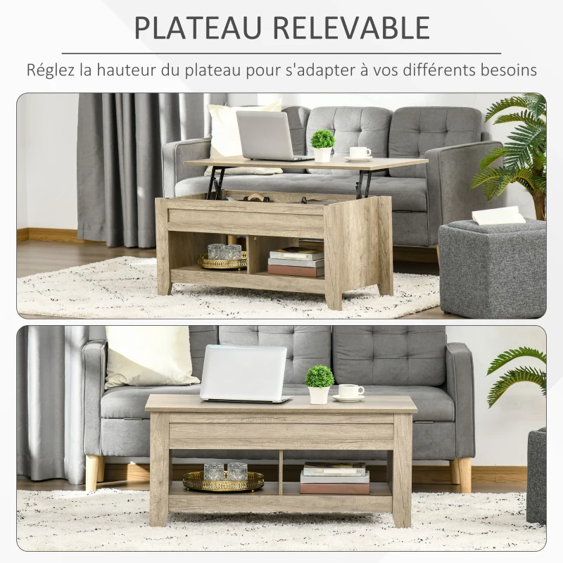 HOMCOM Table basse plateau relevable, table de salon avec étagères et compartiment caché,105 x 50 x 49-62,5 cm pour salon, chambre, aspect chêne clair
