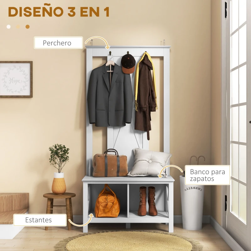 HOMCOM Perchero con Zapatero de Madera con 2 Estantes y 3 Ganchos para Colgar Ropas Bolsos 80,5x40x168 cm Blanco
