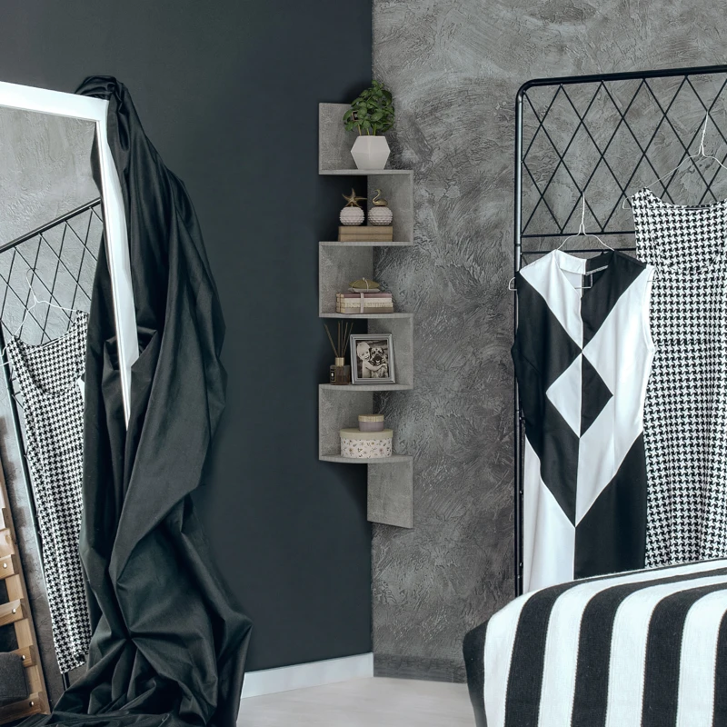 HOMCOM Étagère d'angle Murale de Rangement Forme Zigzag 20L x 20l x 126H cm 5 Niveaux Bois Gris
