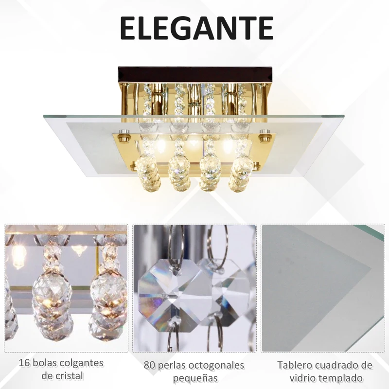HOMCOM Lámpara de Techo de Cristal K9 para Bombillas G9 Máx. 40W Lámpara de Cristal Moderna para Dormitorio Salón Acero Inoxidable 40x40x16 cm