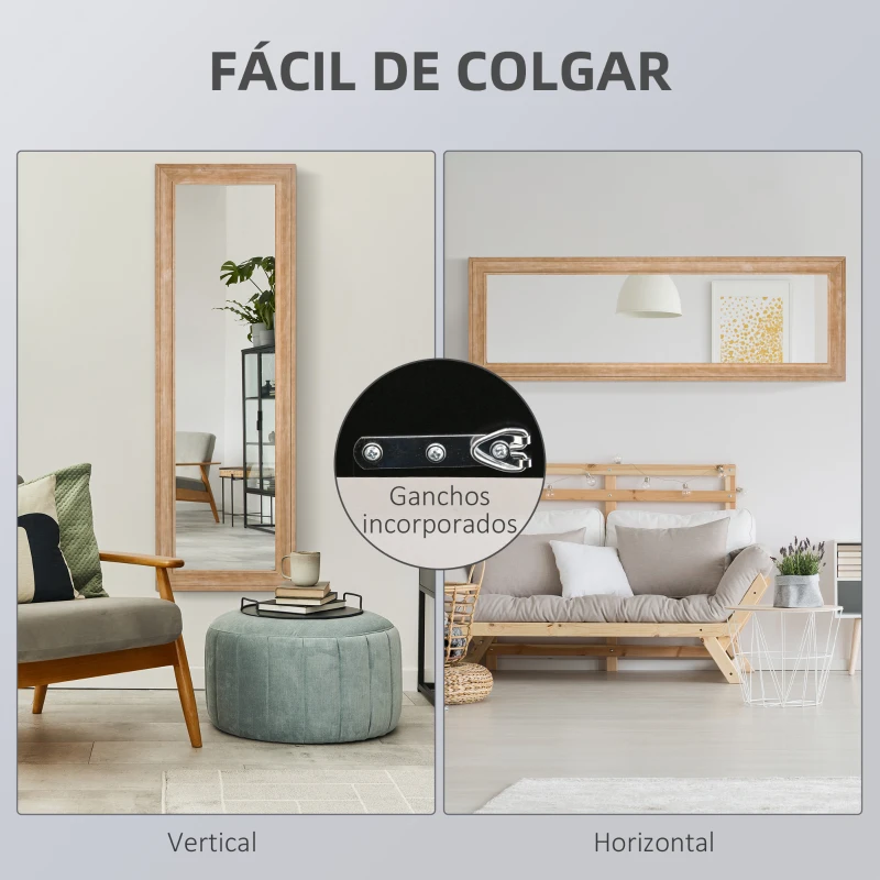 HOMCOM Espejo de Pared Cuerpo Entero 163x53,5 cm Espejo Colgante Grande de Madera Decoración para Salón Dormitorio Natural