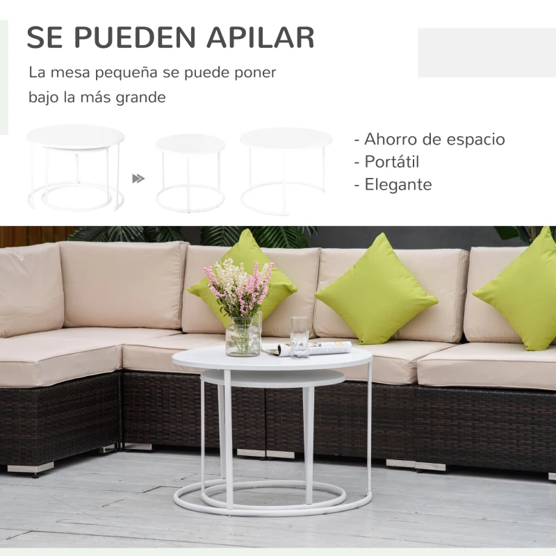 Outsunny Juego de 2 Mesas de Café Ø70x50 cm y Φ50x43 cm Mesitas Auxiliares Redondas de Metal para Jardín Salón Domitorio Carga Máxima de 25 kg Blanco