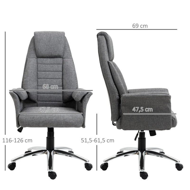 HOMCOM Fauteuil de bureau ergonomique chaise de bureau à bascule hauteur réglable roulettes pivotantes 69 x 68 x 126 cm gris