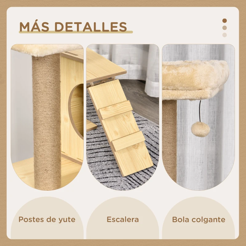 PawHut Árbol Rascador para Gatos Altura 130 cm Torre para Gatos con Postes Rascadores de Yute Camas Hamaca 60x40x130 cm Natural