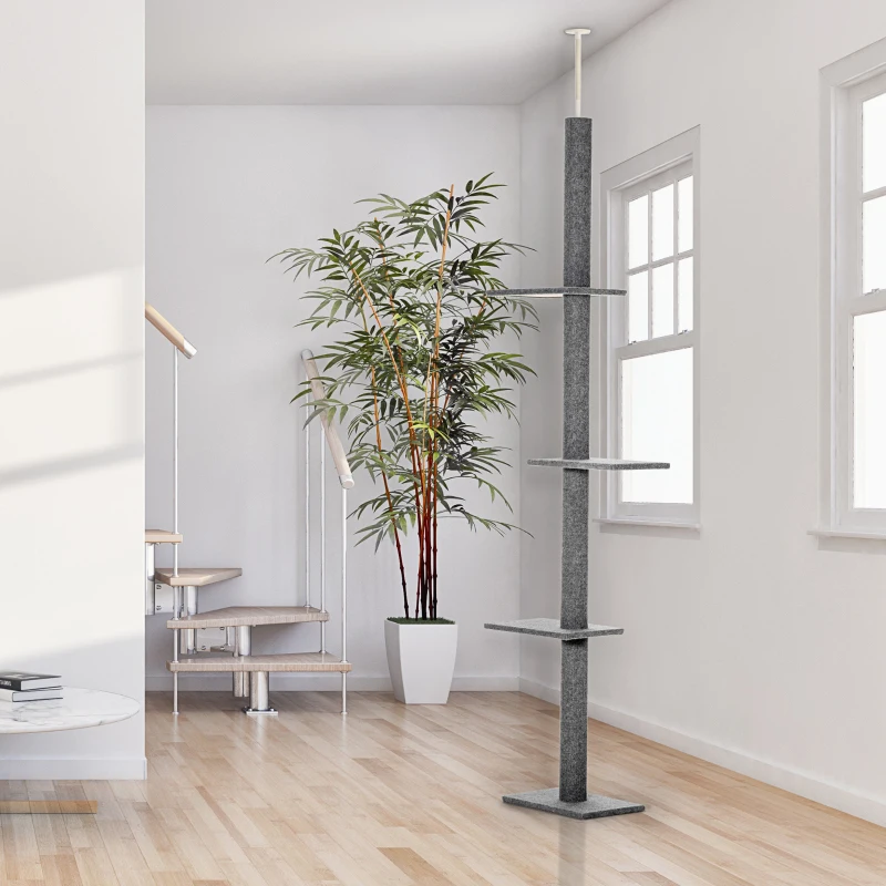PawHut 260cm Floor To Ceiling Cat Tree for Indoor Cats w/ Three Platforms Activity Centre - Grey