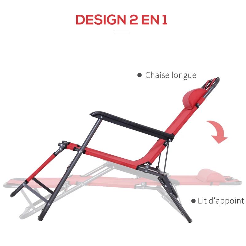 Outsunny Chaise Longue inclinable transat Bain de Soleil fauteuil relax jardin 2 en 1 Pliant têtière Amovible Charge Max. 136 Kg Toile Oxford Facile d'entretien Rouge