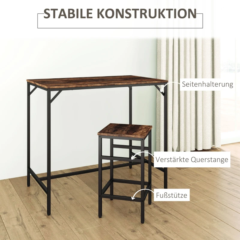 HOMCOM 5-teiliges Bartisch Set Bartisch mit Barhocker-Set Esstisch mit 4 Stühlen Küchentisch für Esszimmer, Küche, Rustikal-Braun+Schwarz
