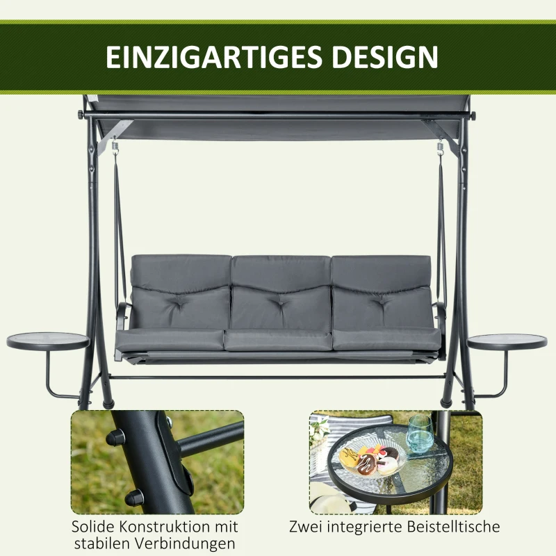 Outsunny Hollywoodschaukel 3-Sitzer Gartenschaukel Schaukelbank mit verstellbarem Sonnendach Teetisch Stahl Polyester Grau+Schwarz 271 x 125 x 177 cm