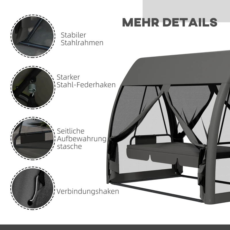 Outsunny 3-Sitzer-Terrassen-Schaukel, Veranda-Schaukel mit Bettfunktion, Hollywoodschaukel mit Mückennetz und Stahlrahmen, Grau