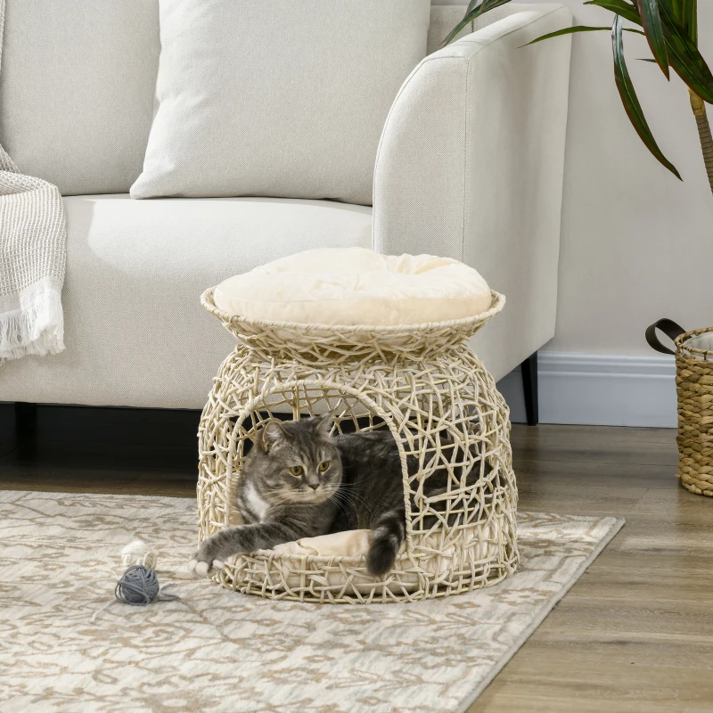 PawHut Katzenhaus aus PE-Rattan, 2 Etagen, Katzenhöhle mit Kissen, 42 cm x 42 cm x 40 cm, Beige