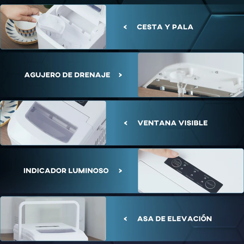 HOMCOM Máquina de Hacer Hielo 12 kg/24h Autolimpieza 9 Cubitos de Hielo en 6-12 Minutos 2 Tamaños de Cubitos Crema