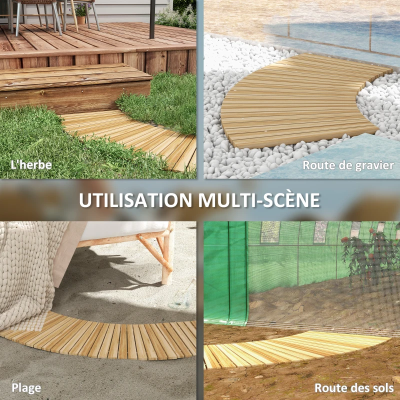 Outsunny Allée chemin de jardin incurvé en lattes de bois enroulable - bois massif de pin 120/72 x 38 cm