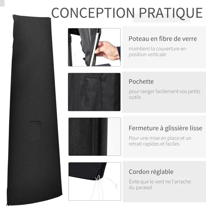 Outsunny Housse de protection pour parasol en tissu Oxford 300D fermeture à glissière et tige de support 240 x 48/70 cm noir