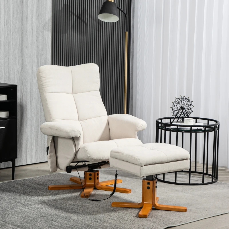 HOMCOM Massagesessel mit Liegefunktion und Fußhocker, 145°-Neigung, Polyester, 80 x 86 x 99 cm, Cremeweiß(m-2)