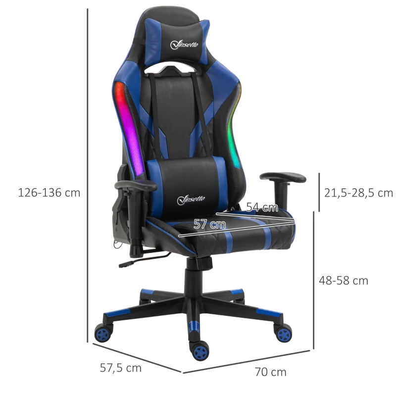 Vinsetto Bürostuhl LED Gaming Stuhl mit Armlehne, hoher Rückenlehne und Kissen ergonomischer Drehstuhl mit Liegefunktion Handlauf anhebbar Kunstleder Nylon Schwarz+Blau 70 x 57,5 x 126-136 cm