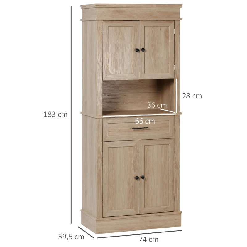 HOMCOM Alacena de Cocina con 4 Puertas 1 Cajón y Estante Abierto Mueble Auxiliar para Microondas 74x39,5x183 cm Roble(m-3)